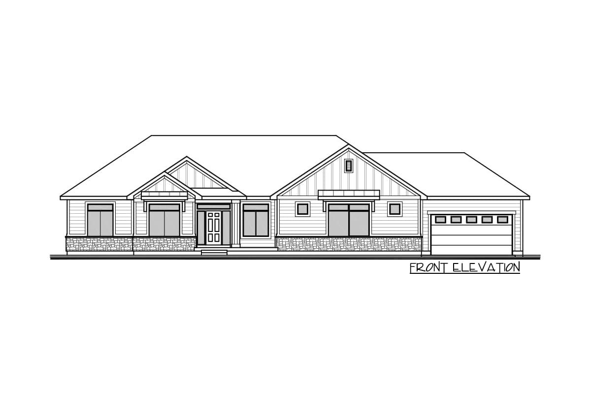 Front elevation drawing of a one-story house with a prominent gable, entry porch, and attached garage.