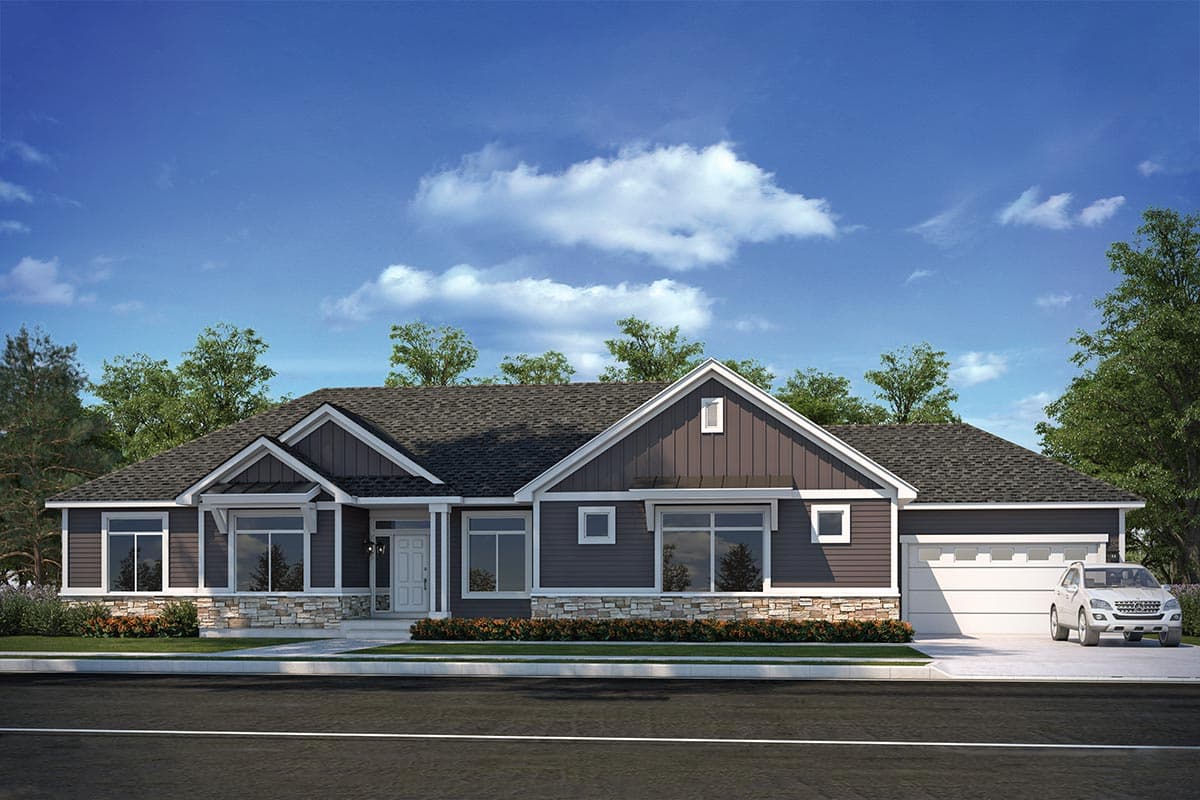 House plan exterior. Ranch style with a low-pitched roof, gabled entry, and attached garage. Stone veneer accents the foundation.