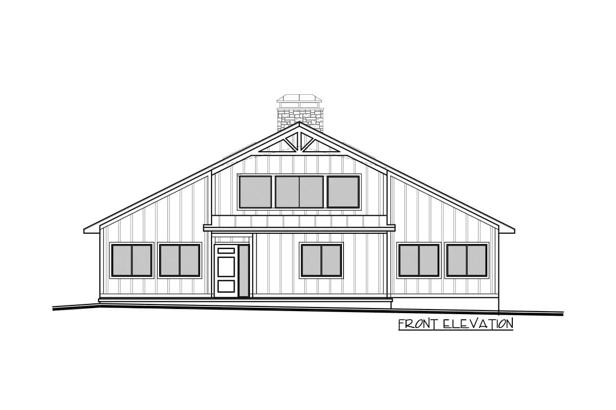 Front elevation drawing of a house plan featuring vertical siding, a prominent gable with a stone chimney, and multiple windows on two levels.