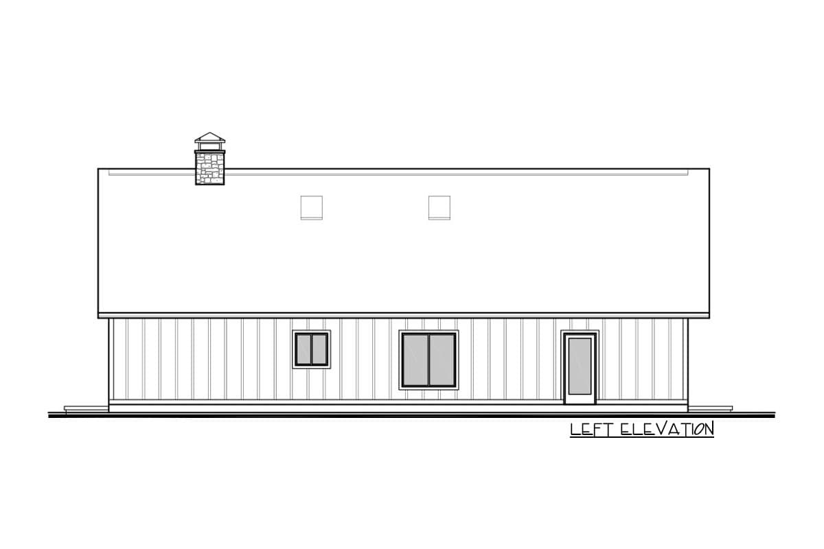 Left elevation drawing of a house plan showing a pitched roof with a chimney, two dormer windows, and vertical siding.