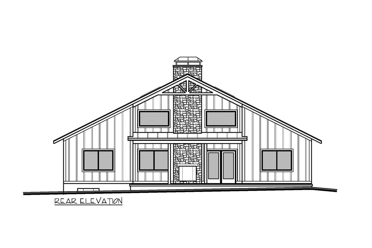 Rear elevation house plan with a prominent stone chimney, large gabled roof, and multiple windows.