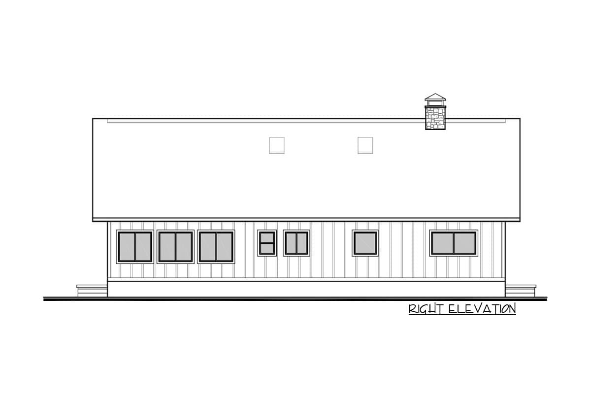 Right elevation drawing of a house plan with a prominent chimney, multiple windows, and a simple roofline.