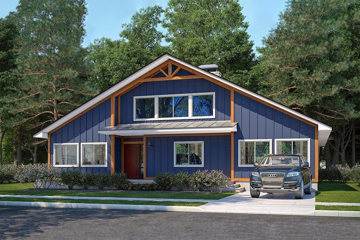 House plan exterior featuring a two-story modern farmhouse style. Highlights include a gable roof, covered entry, and exposed timber-framed accents.