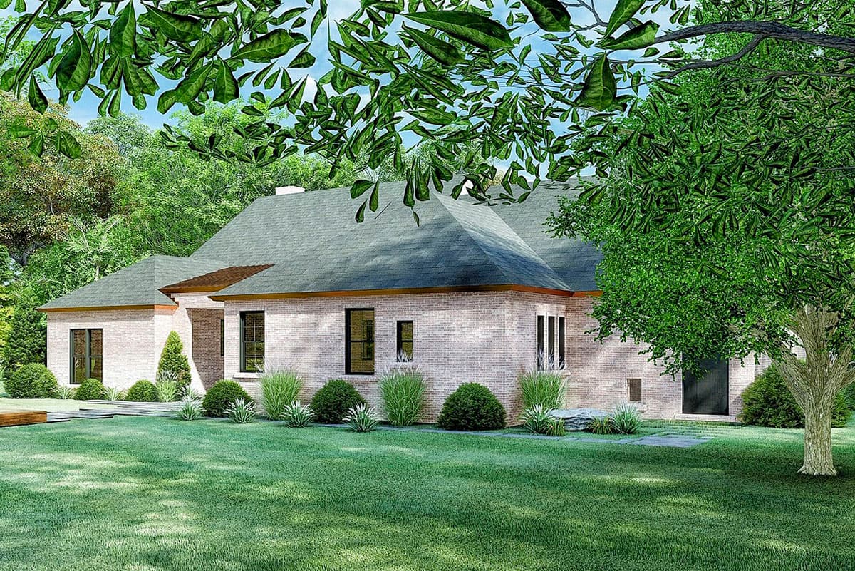 House plan exterior: single-story brick home with dark-framed windows and a hip roof.