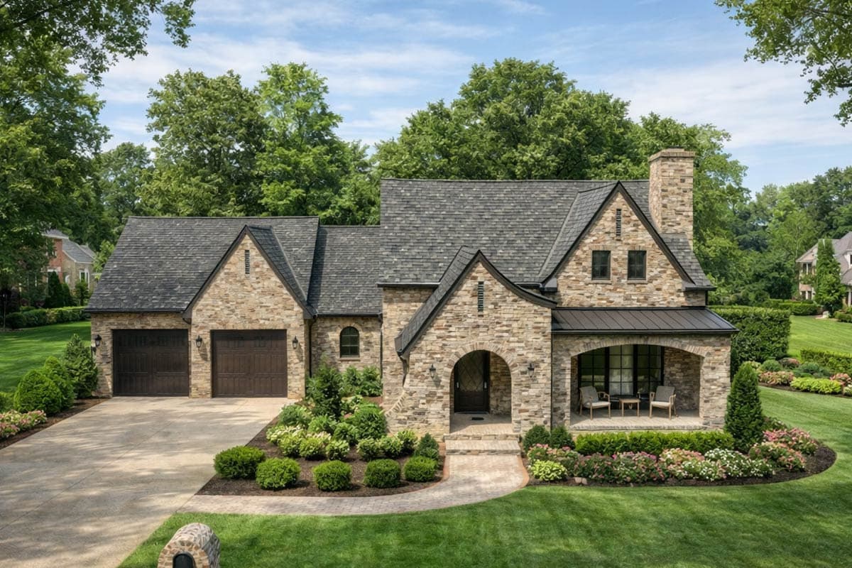 House plan exterior: Two-story stone home with a side-entry three-car garage, arched entryway, and covered porch with metal roof.