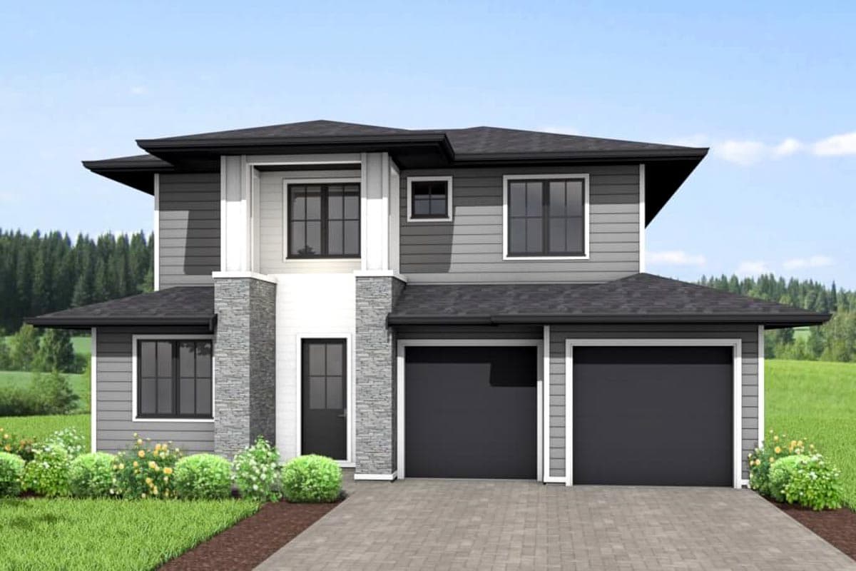 Modern house plan exterior with two stories, stone accents, large windows, and a triple-car garage.
