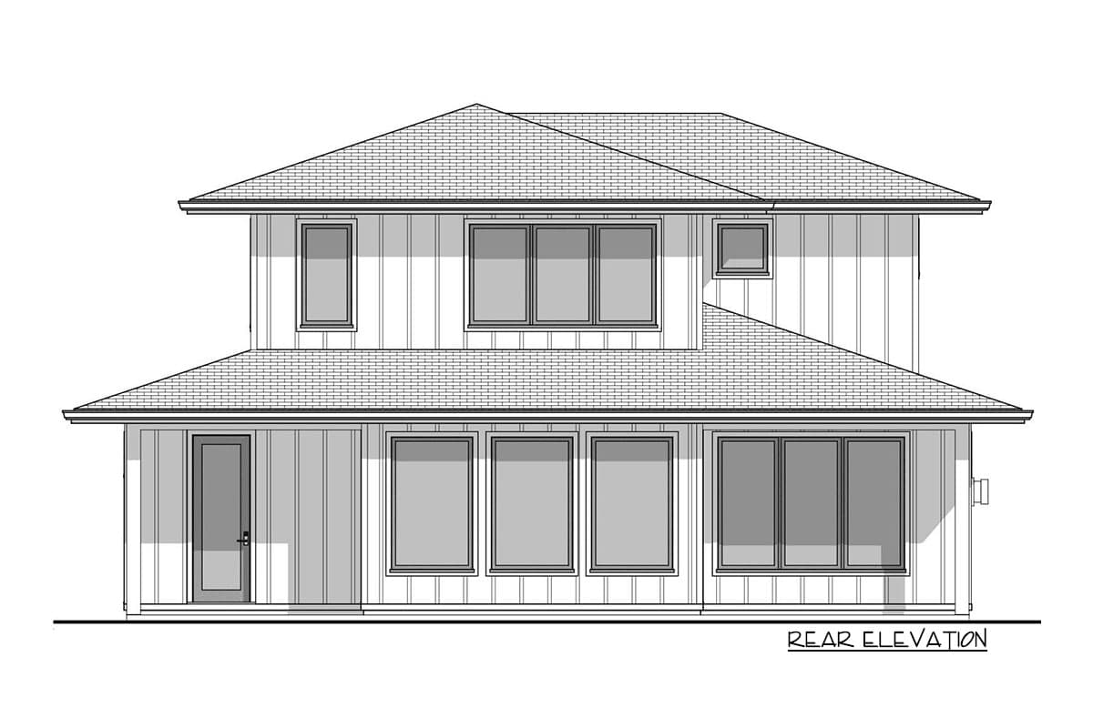 Rear elevation drawing of a two-story house plan with a covered porch, multiple windows, and a hip roof.
