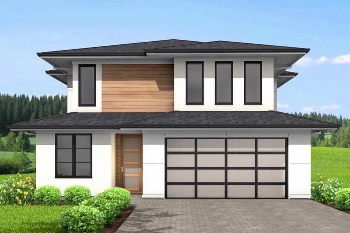 House plan exterior. Two-story Modern house with a flat roof, wood siding accent, and a garage door with multiple glass panels.