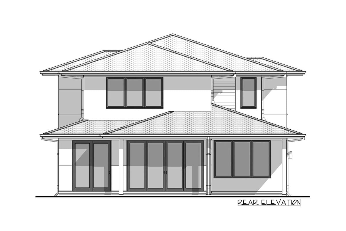 Rear elevation drawing of a two-story house with a hipped roof, large glass doors, and multiple windows.