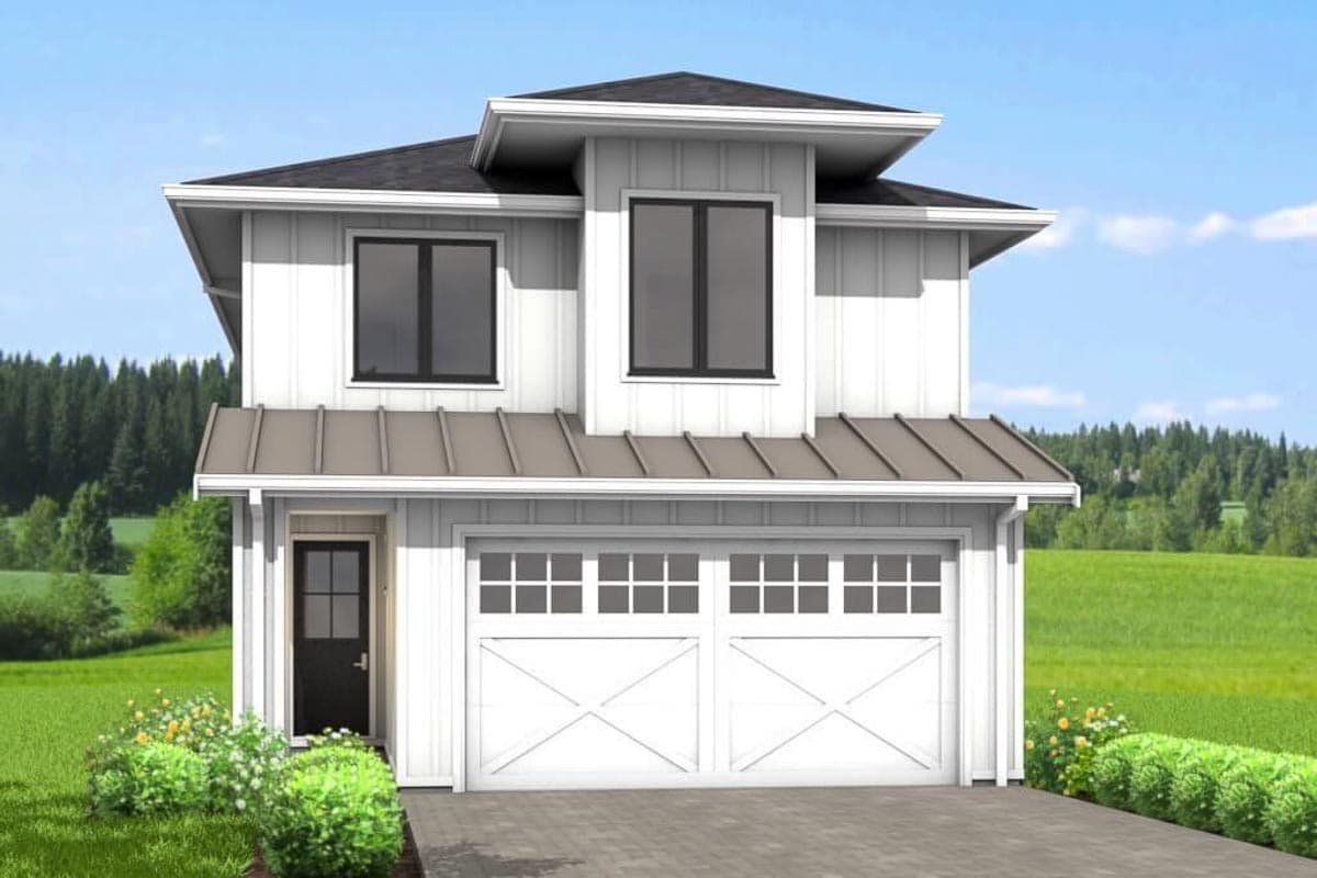 House plan exterior. Two-story modern farmhouse with gabled roof, board-and-batten siding, and a two-car garage.