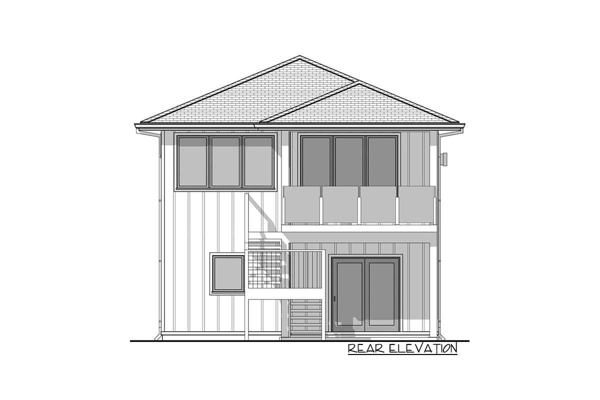Rear elevation drawing of a two-story house plan with a hipped roof, balconies, and exterior stairs.