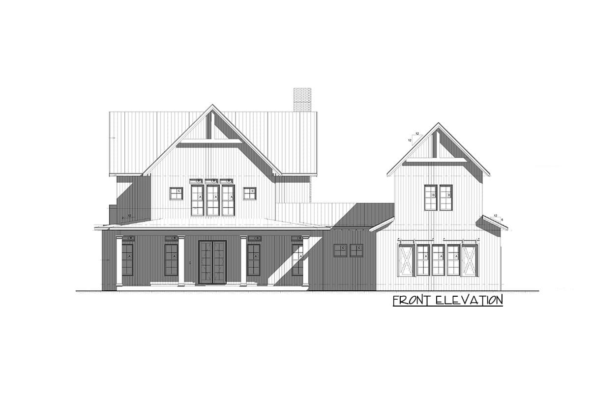 Front elevation drawing of a two-story house with a covered porch, gables, and metal roof.