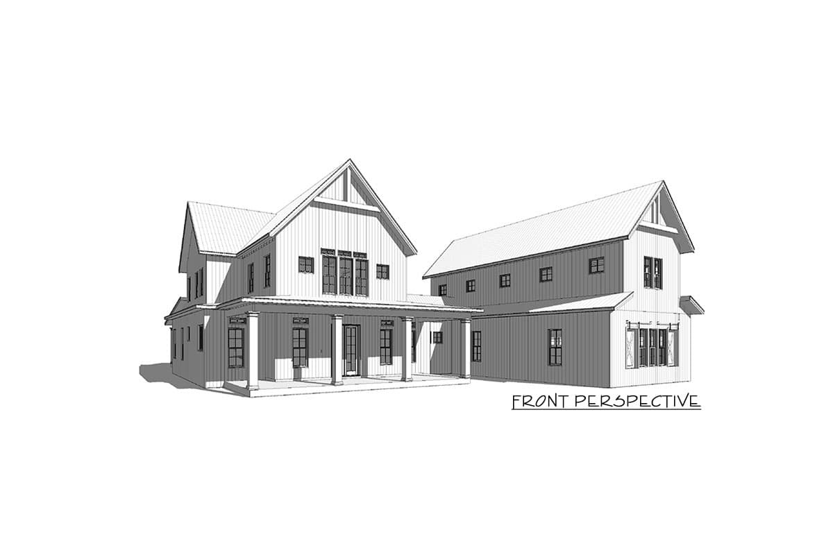Modern Farmhouse house plan exterior with a wrap-around porch, prominent gables, and vertical siding.
