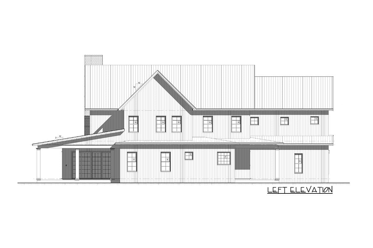 Left elevation drawing of a two-story house plan with gabled roof, chimney, covered porch, and multi-pane windows.