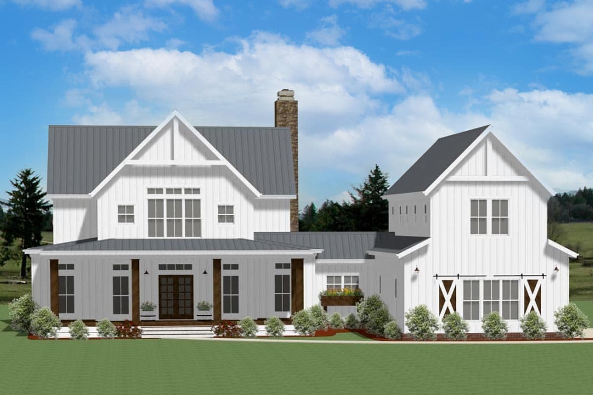 House plan exterior. Two-story Modern Farmhouse with gables, a wraparound porch, and barn-style garage. Board and batten siding.