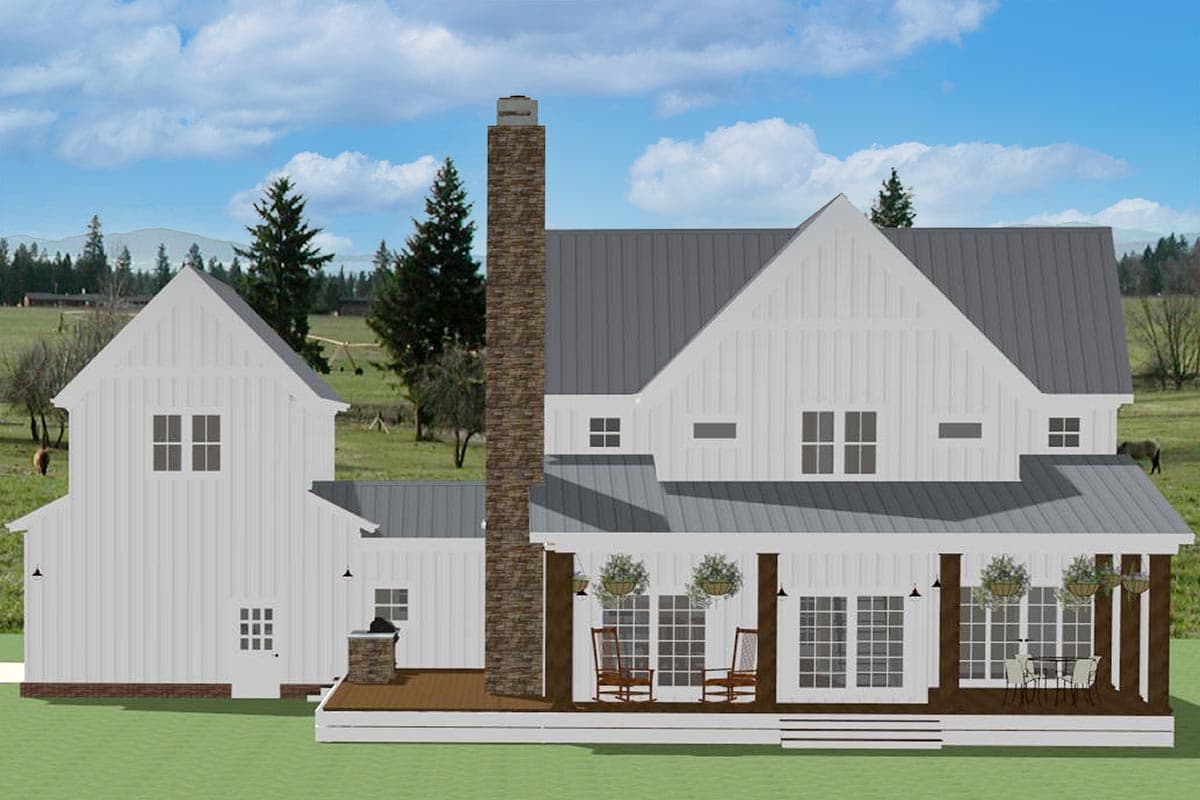 Modern Farmhouse house plan exterior with gables, large stone chimney, and covered porch with seating.