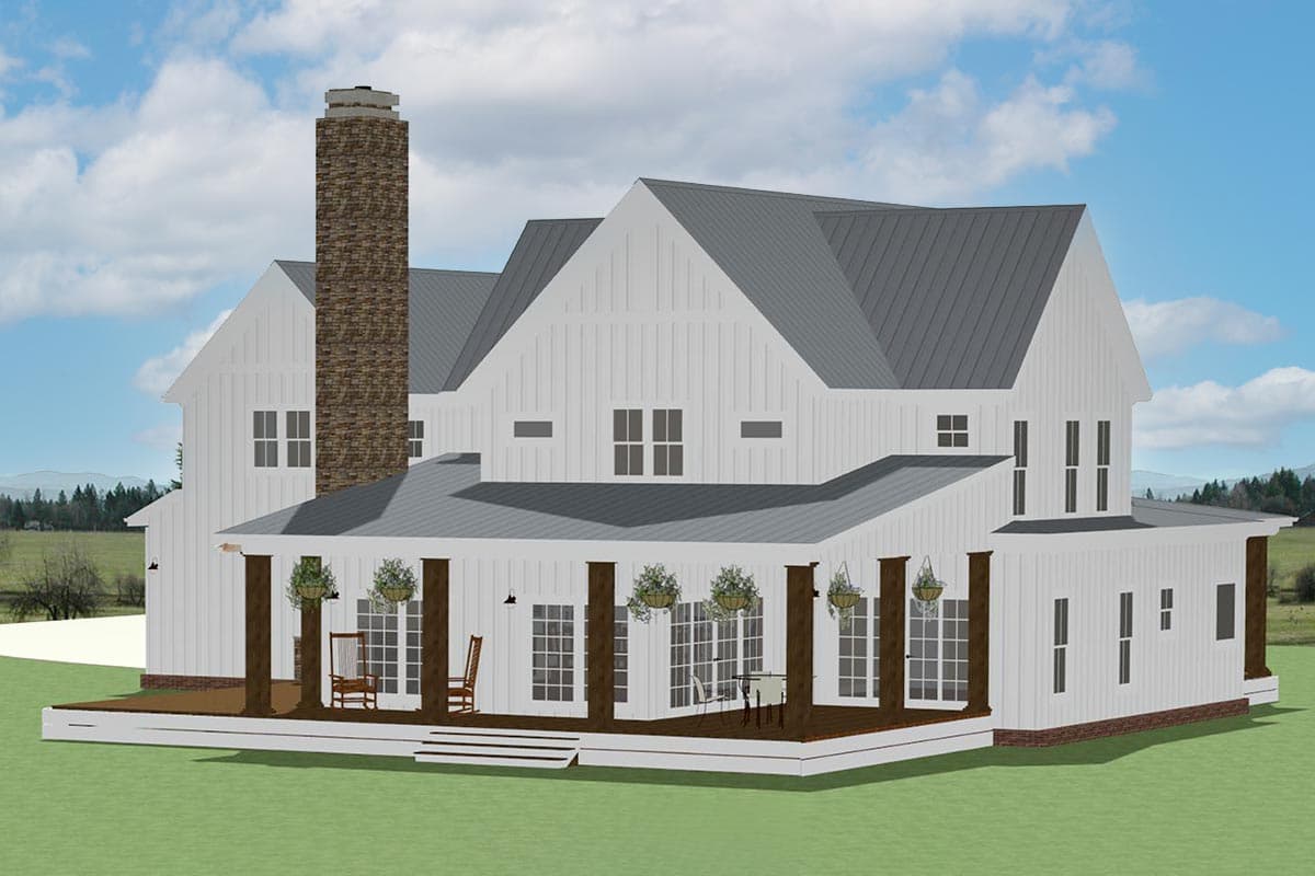 Modern Farmhouse house plan exterior with wrap-around porch, prominent stone chimney, and metal roof.