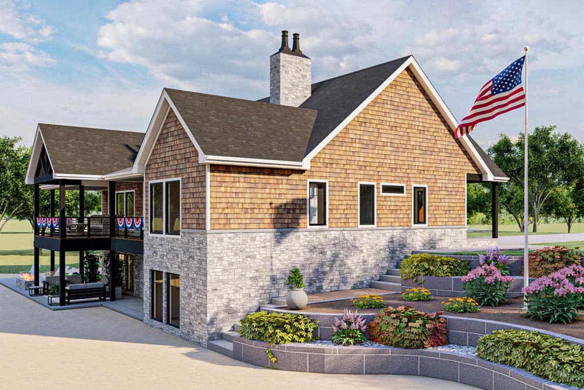 House plan exterior: Modern Farmhouse style, two stories, stone and cedar siding, multi-level deck, gables.