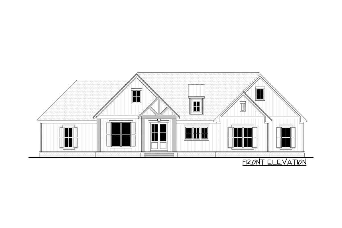 Front elevation drawing of a one-story house with gabled dormers, board-and-batten siding, and a covered entry.