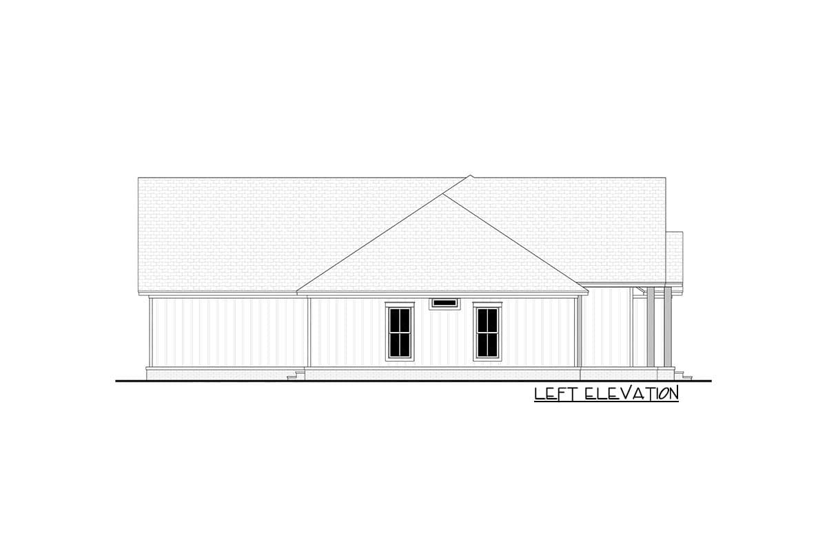 Left elevation drawing of a single-story house with a gable roof, two windows, and a covered porch.
