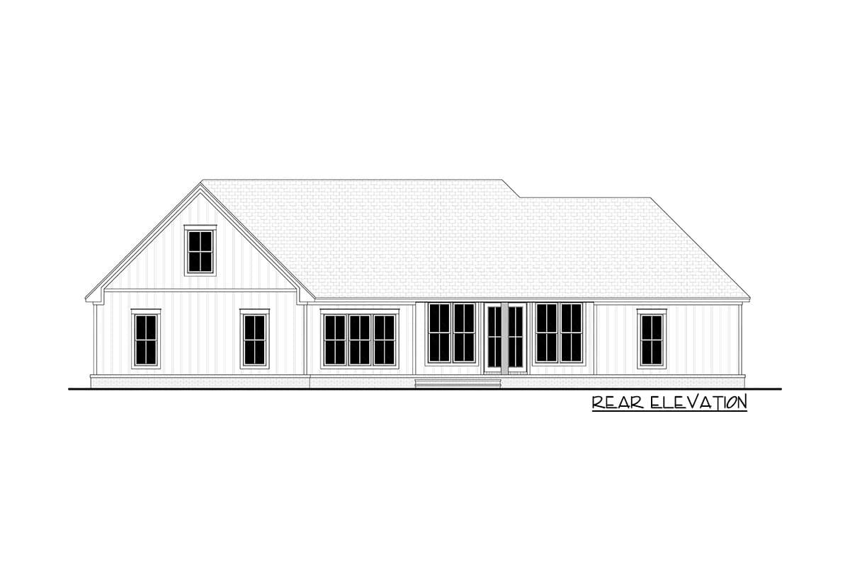 Rear elevation drawing of a one-story house plan with a prominent gable dormer, many windows, and French doors.