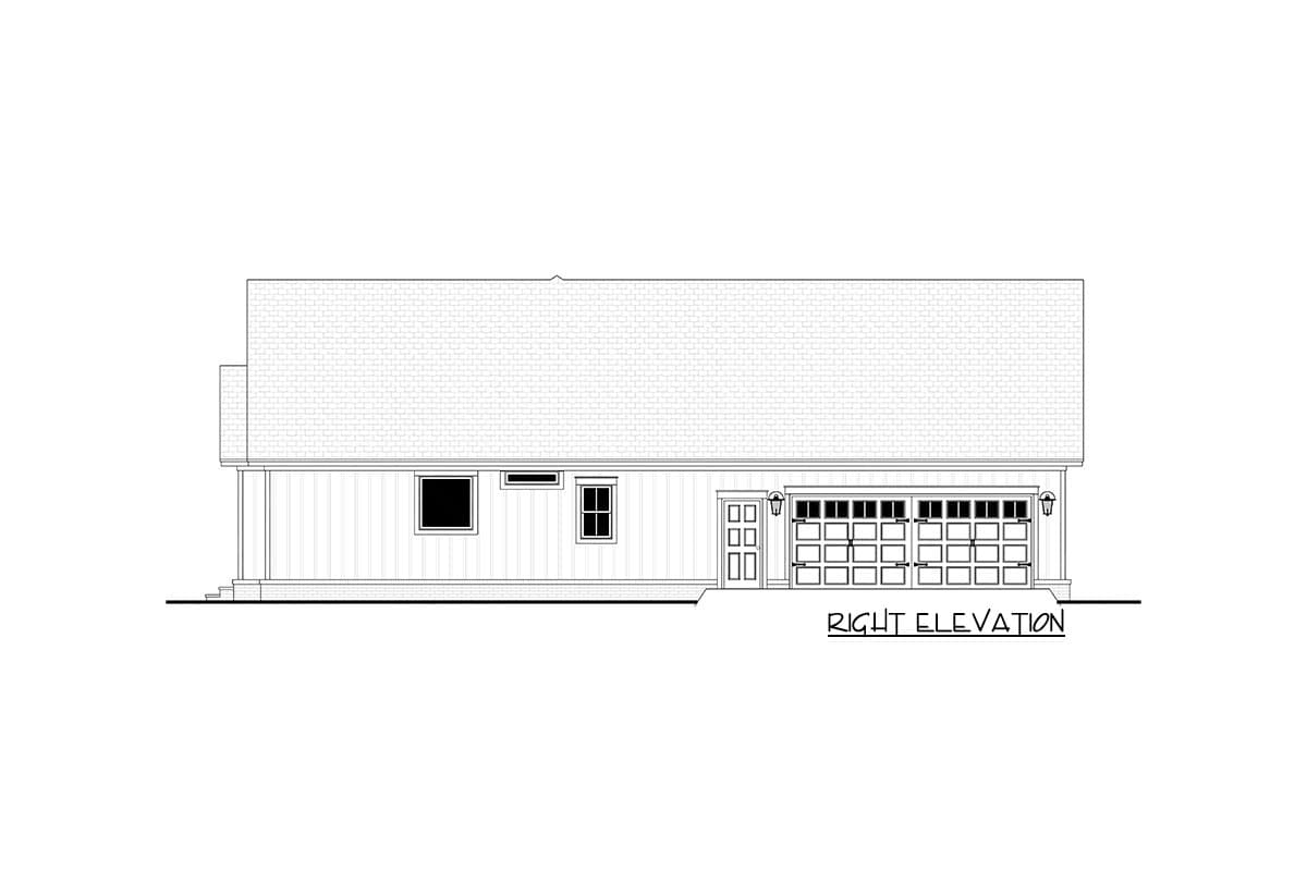Right elevation house plan showing a single-story structure with a three-car garage, multiple windows, and a gabled roof.