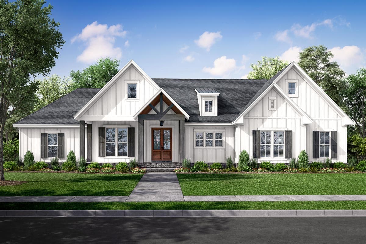 House plan exterior. Modern Farmhouse style, one-story. Features include a front porch, multiple gables, dormers, and a board and batten facade.