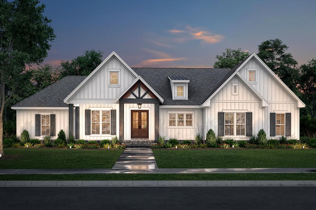 Modern Farmhouse style house plan exterior with board and batten siding, multiple gables, and a covered entry with timber accents.