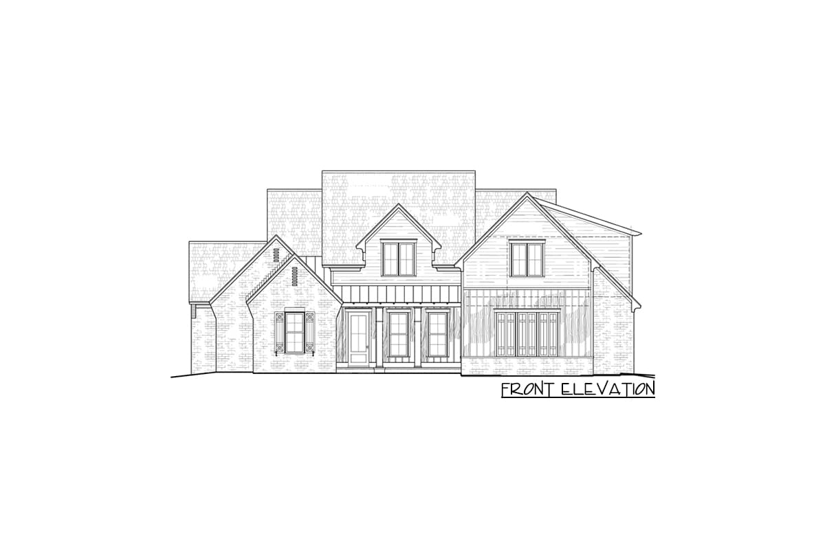 Front elevation drawing of a two-story house plan with gabled dormers, multiple rooflines, brick accents, and a covered entryway.