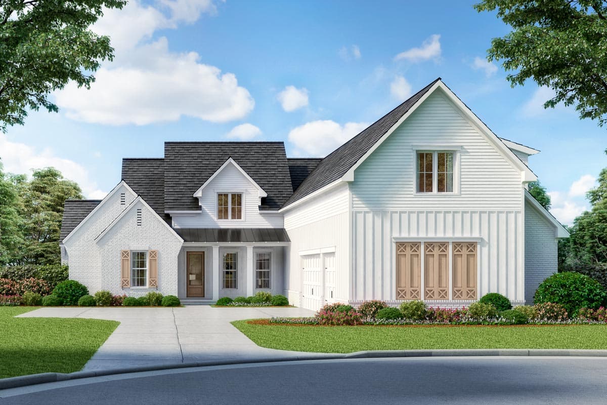 House plan exterior. Two-story Modern Farmhouse with gabled roof, board and batten siding, and two-car garage.