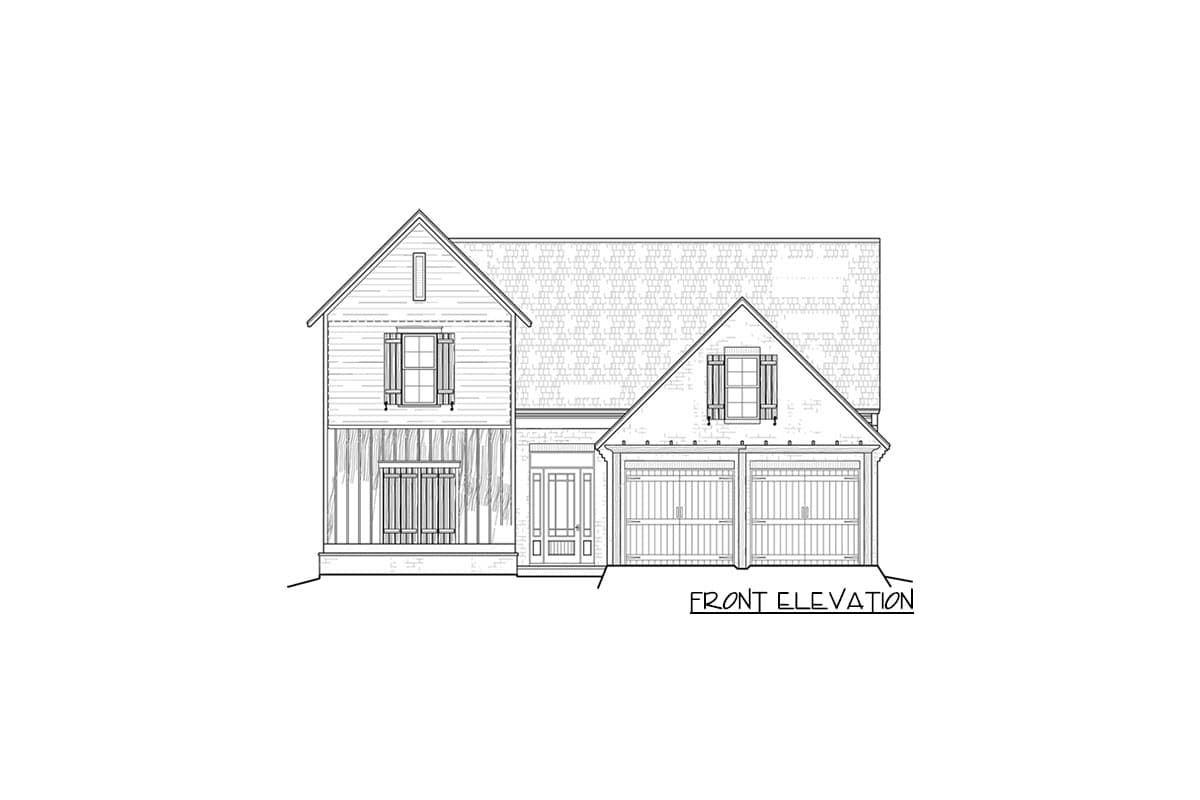 Front elevation drawing of a two-story house with a prominent gable, dormer, and a three-car garage.
