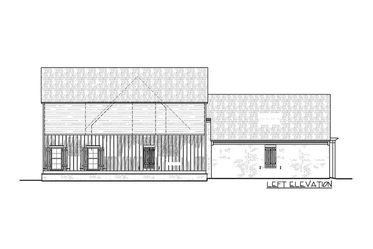 Left elevation drawing of a house plan showing a two-story section with wood siding and a one-story section with brick.