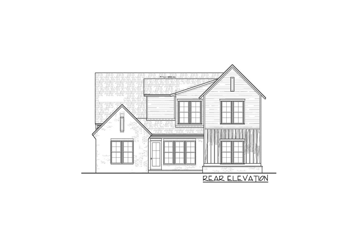 Rear elevation drawing of a two-story house plan with brick and horizontal siding, multiple gables, and dormers.