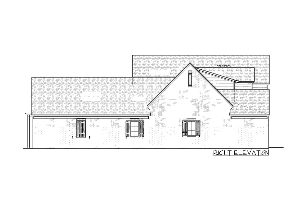 Right elevation house plan drawing with a layered roofline, gabled dormer, and brick texture.