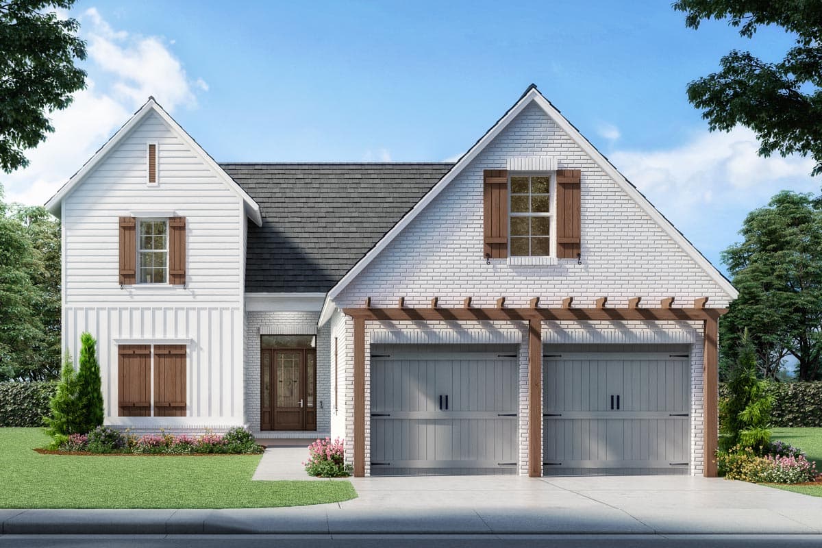 House plan exterior. Two-story Modern Farmhouse with gables, a pergola over the garage, and wood shutters on the windows.