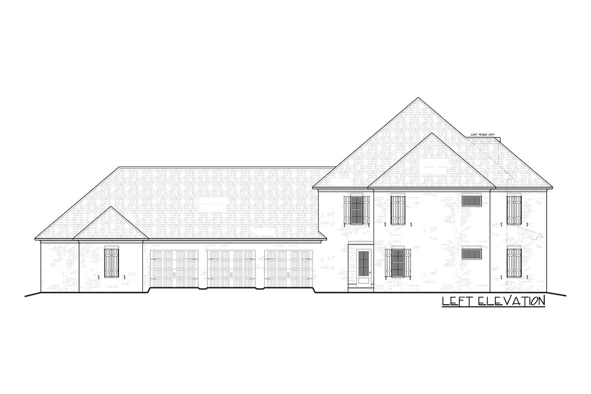 Left elevation house plan showing a brick exterior with a complex roofline, multiple windows, and a four-car garage.