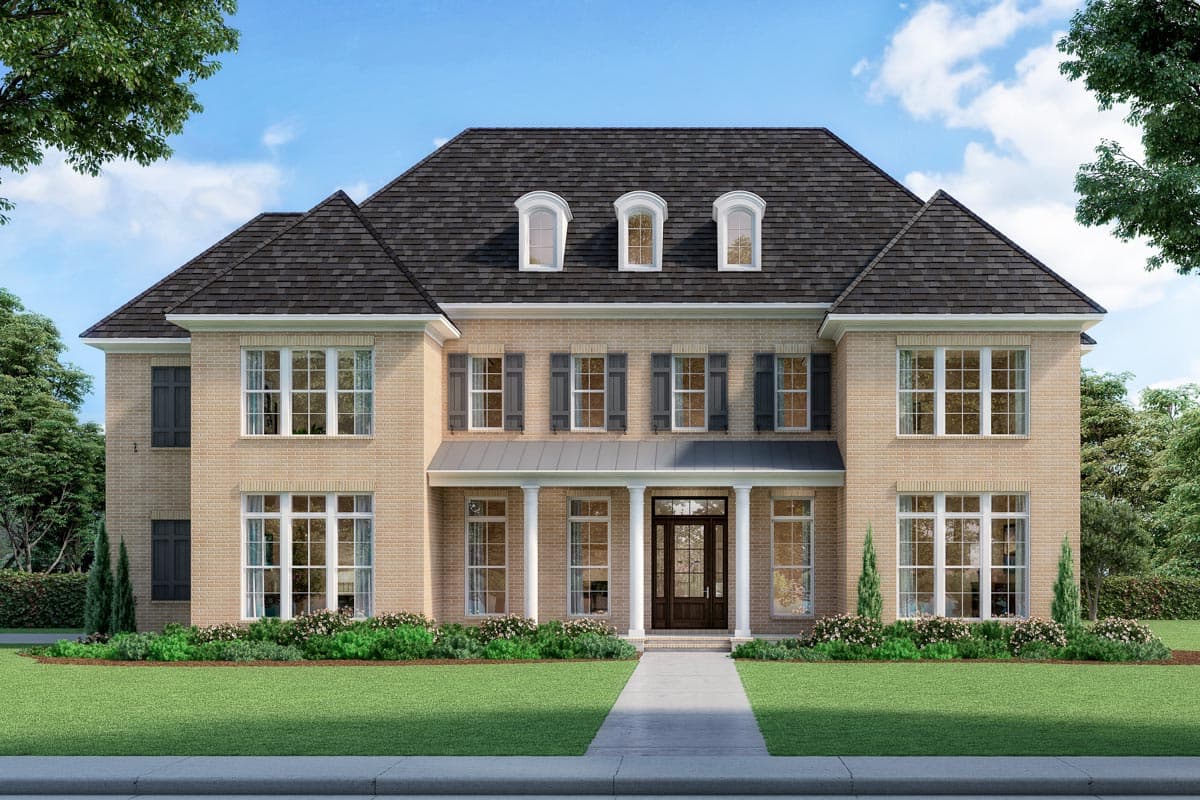 House plan exterior featuring a two-story Colonial style with dormers, a covered entry porch, and a hipped roof.