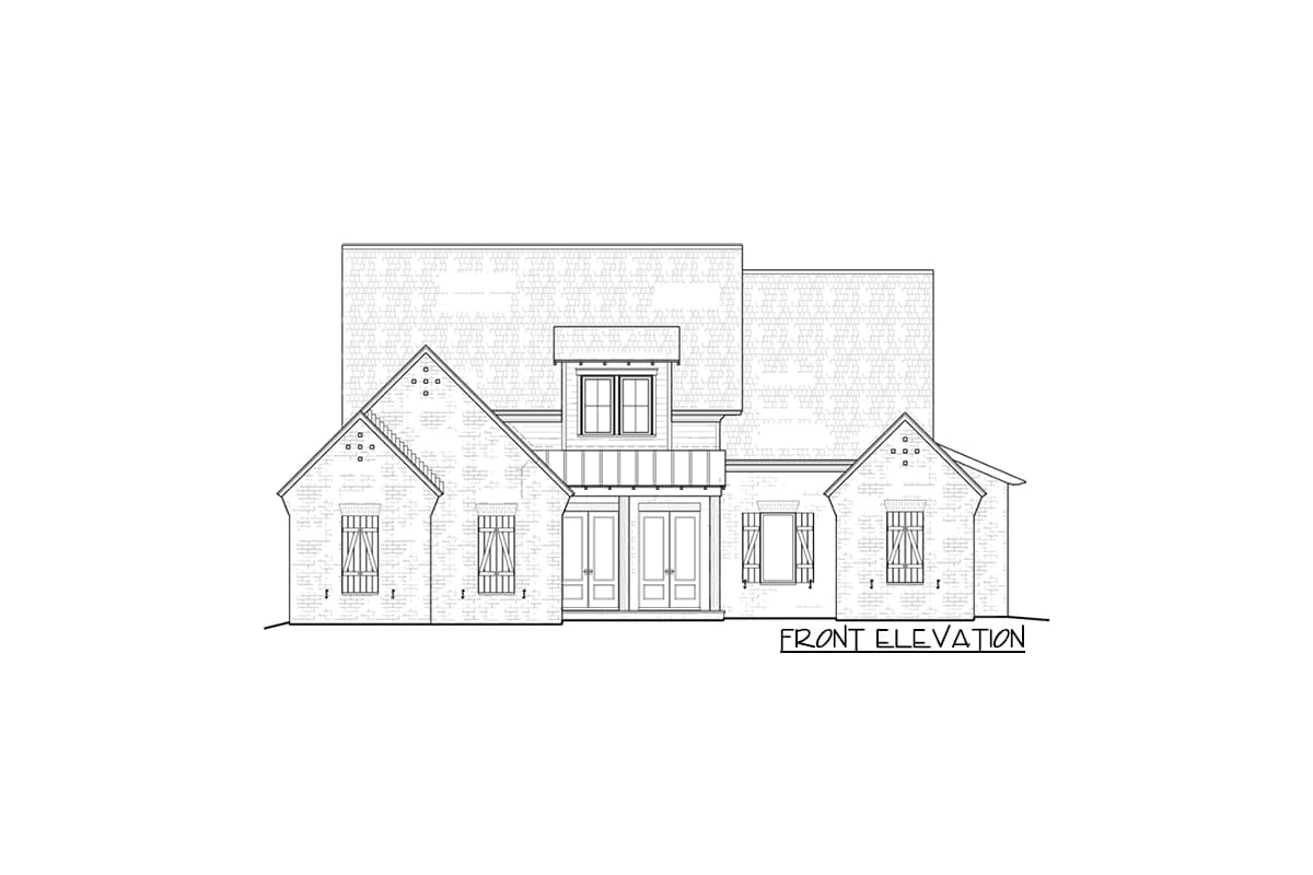 Front elevation drawing of a two-story house plan with brick facade, double entry doors, dormer, and shuttered windows.