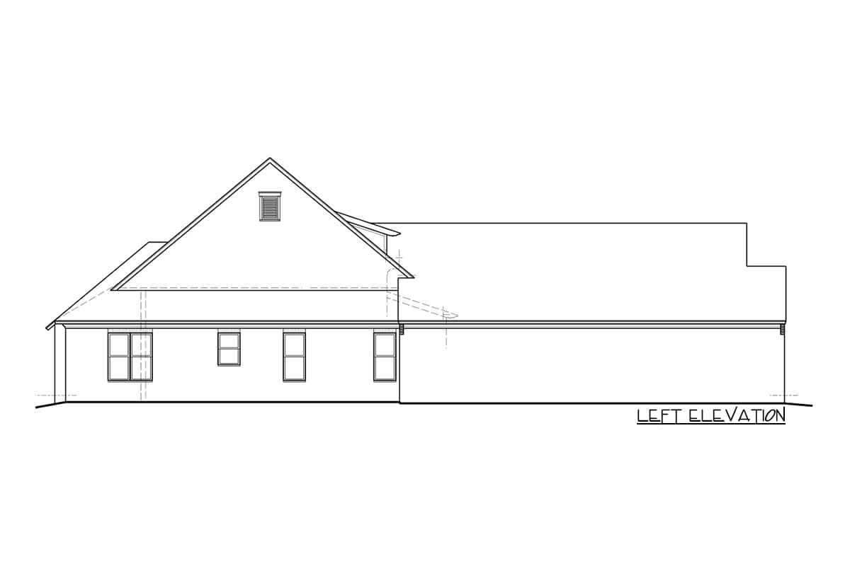 Left elevation drawing of a house plan showing a prominent gable with a vent, several windows, and a long roofline.