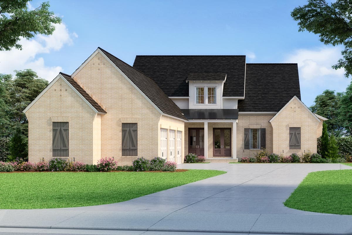 House plan exterior. Two-story, brick facade, gabled roof, and a front-entry porch. Features include a dormer window and attached garage.