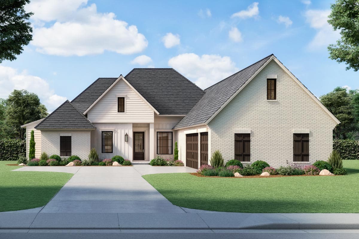 House plan exterior. Modern Farmhouse style with two stories, gabled rooflines, brick facade, and attached garage. Includes dormers and dark trim.