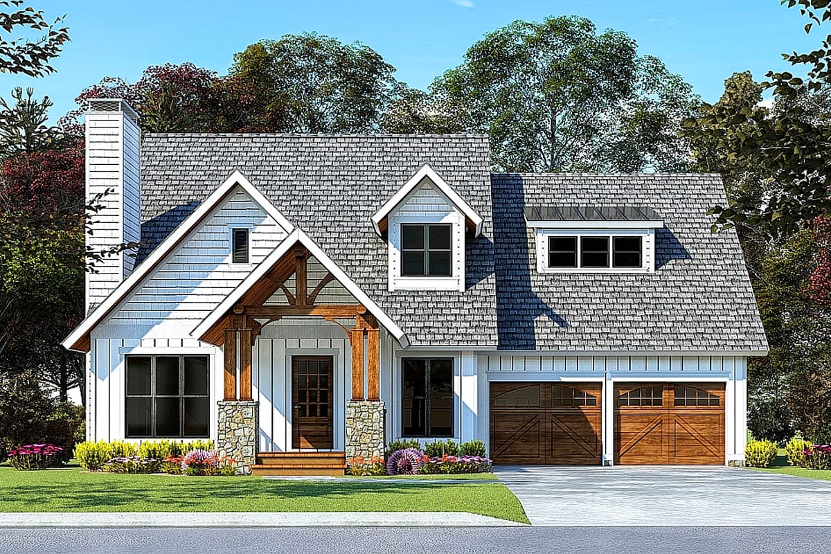 House plan exterior in a two-story Craftsman style. Features include a front porch, gables, a dormer, and an attached garage.