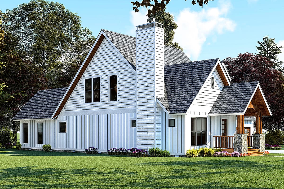 Modern Farmhouse house plan exterior with prominent gables, board and batten siding, and stone-accented covered porch.