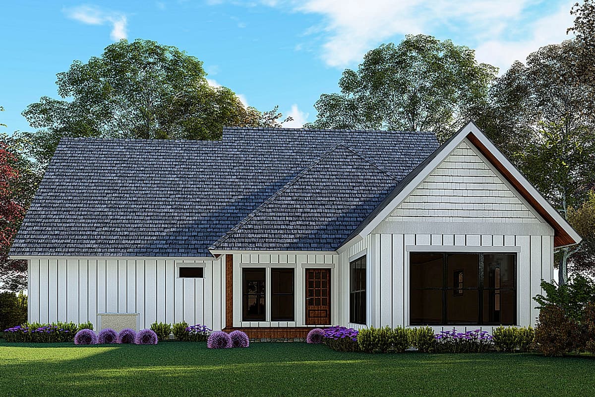 House plan exterior: Modern Farmhouse style, one story, with board and batten siding, a prominent gable, and a covered entry porch.