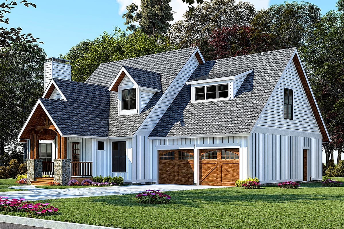 Modern Farmhouse house plan exterior with a covered porch, dormers, gable rooflines, and a two-car side-entry garage.