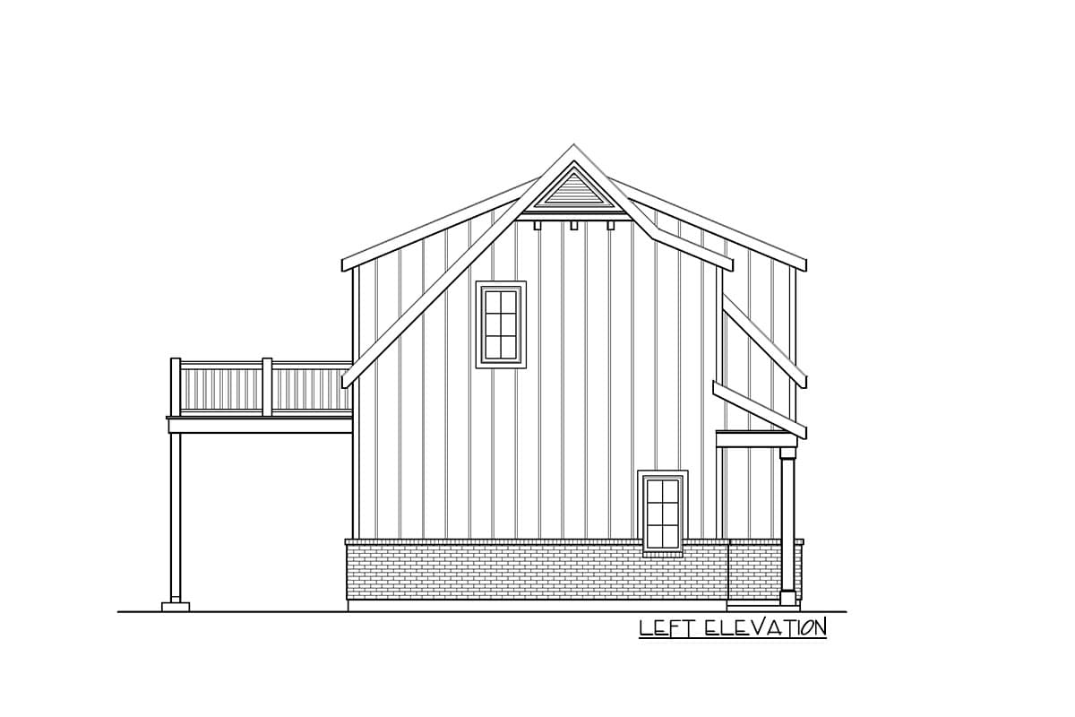 Left elevation house plan showing vertical siding, gable with vent, deck, and brick foundation.