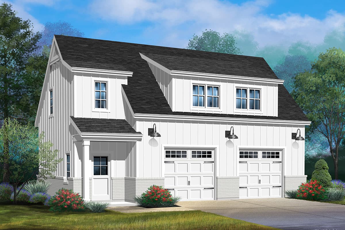 Modern Farmhouse house plan exterior with two stories, a front gable roof, dormers, and a two-car garage with overhead doors.
