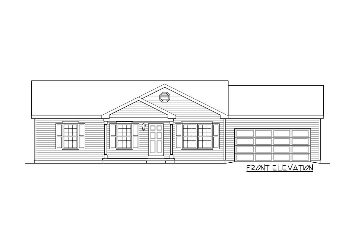 Front elevation of a one-story house plan with a gabled entryway, porch, and attached two-car garage.