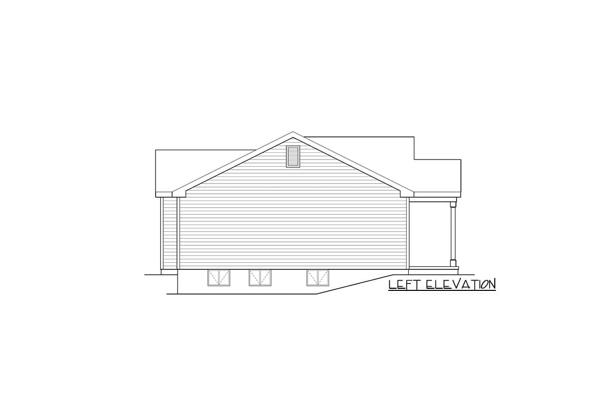 Left elevation drawing of a one-story house plan with horizontal siding, gabled roof, dormer, and covered porch.