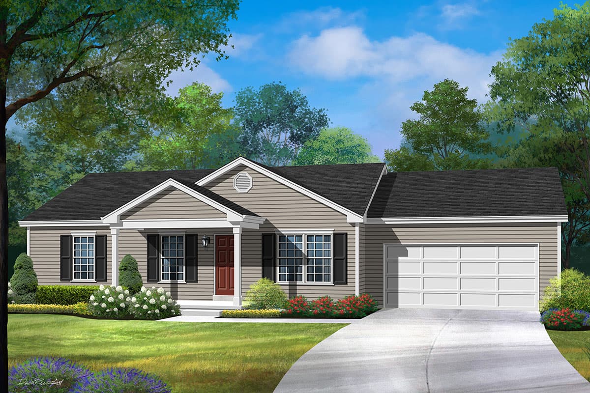 House plan exterior rendering. One-story Ranch style home with a front porch, gables, and an attached garage with a two-car door.
